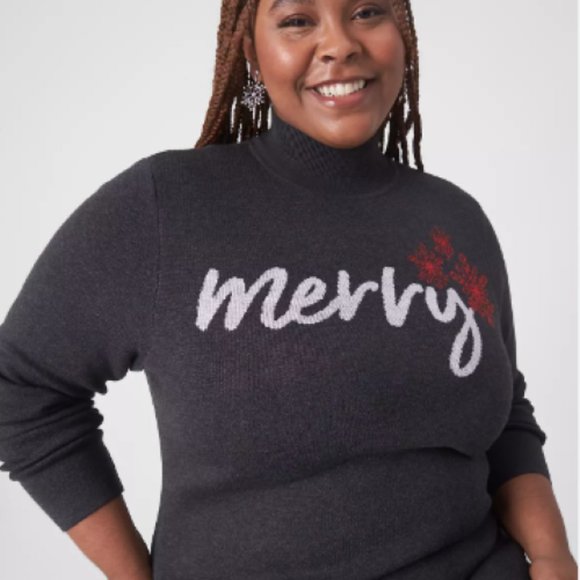 LANE BRYANT SIZE 14/16 BLACK W/ RED MERRY GRAPHIC SWEATER DRESS - Picture 2 of 13